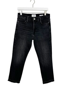 Frame Le High Straight Jeans in Black Denim Women's Size 28 Raw Hem